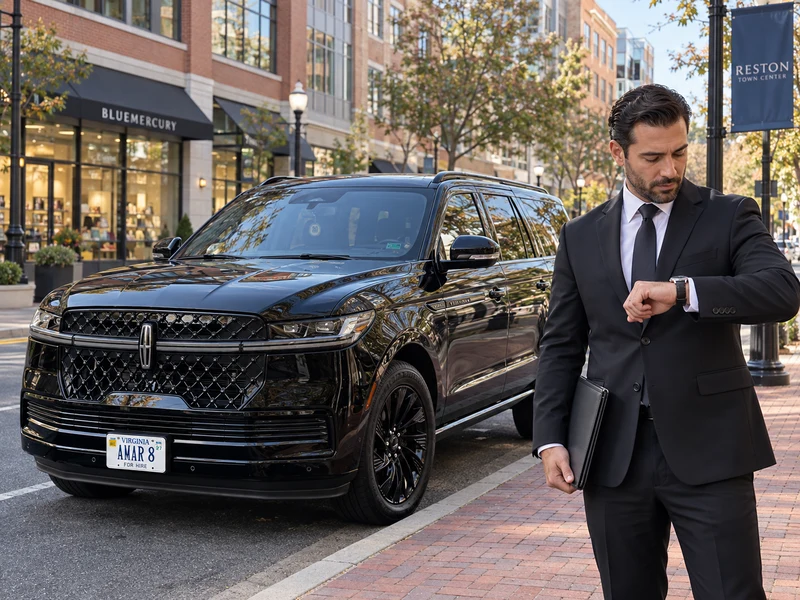 Chauffeur checking his watch while waiting beside the client-reference Lincoln in Reston