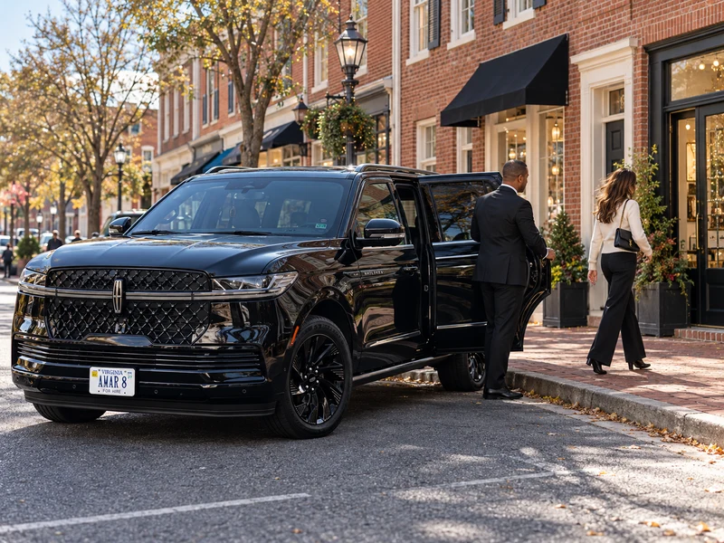 Chauffeur holding the Lincoln door after a passenger drop-off on Caroline Street in Fredericksburg