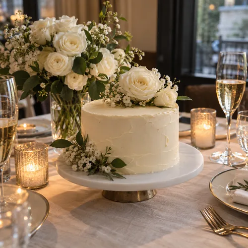 An understated anniversary cake with flowers and candles
