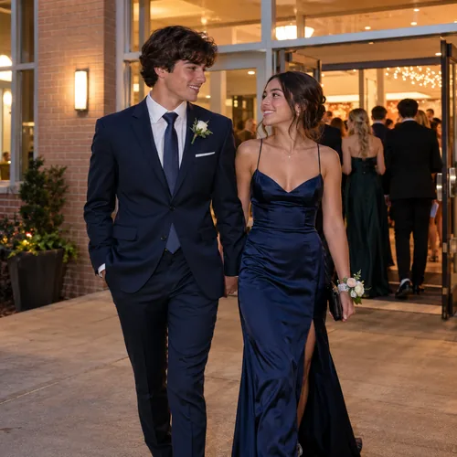 Adult prom attendees arriving at a modest event hall