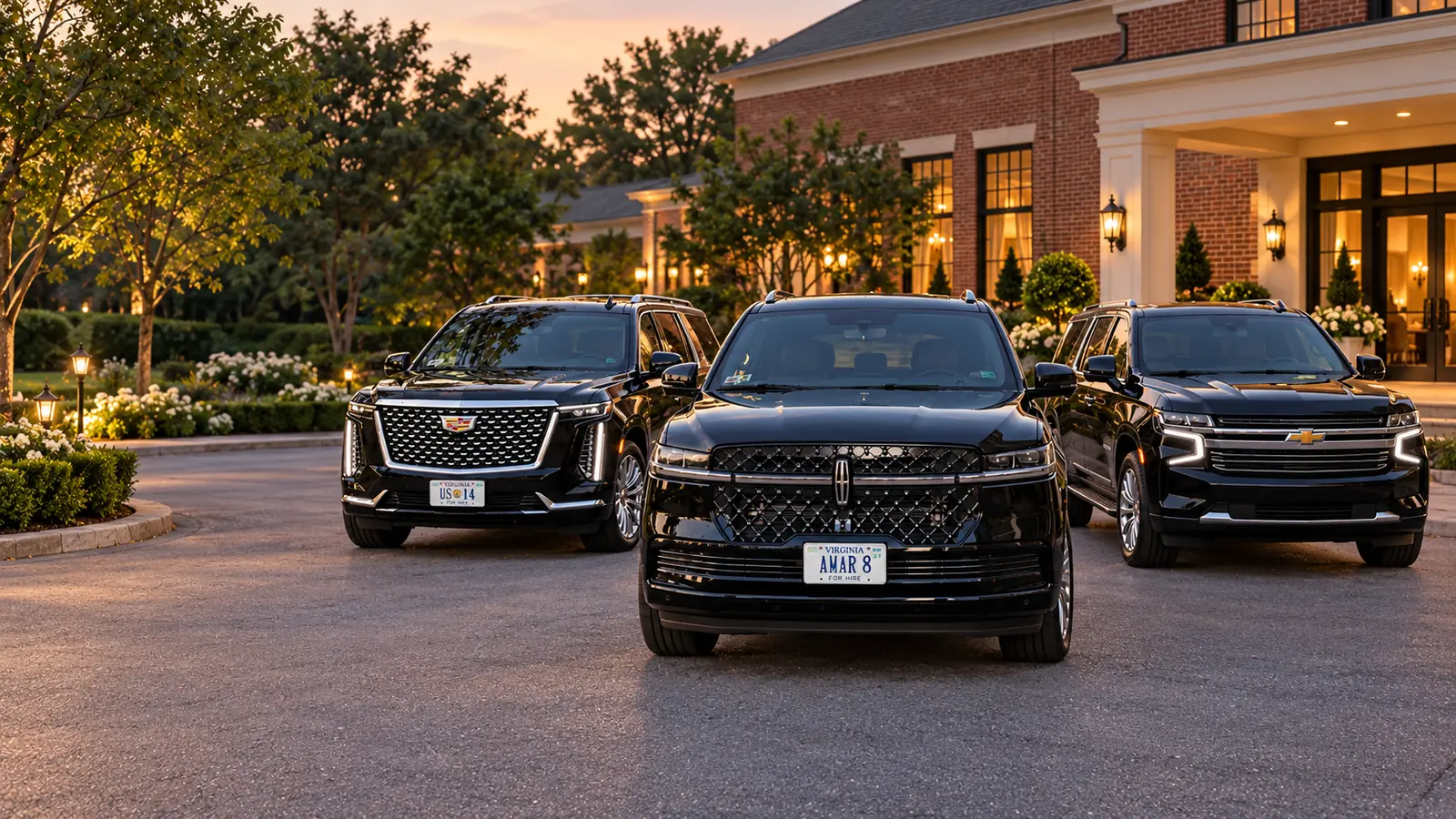 Client-reference Lincoln AMAR 8 and Cadillac US 14 with an illustrative Chevrolet Suburban at a modest Virginia wedding venue