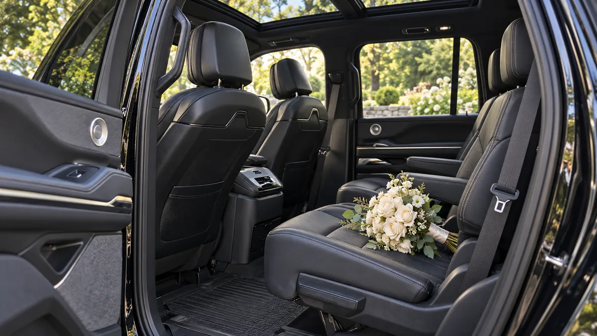 Original-reference black Lincoln captain-chair cabin with a modest ivory wedding bouquet and standard panoramic roof