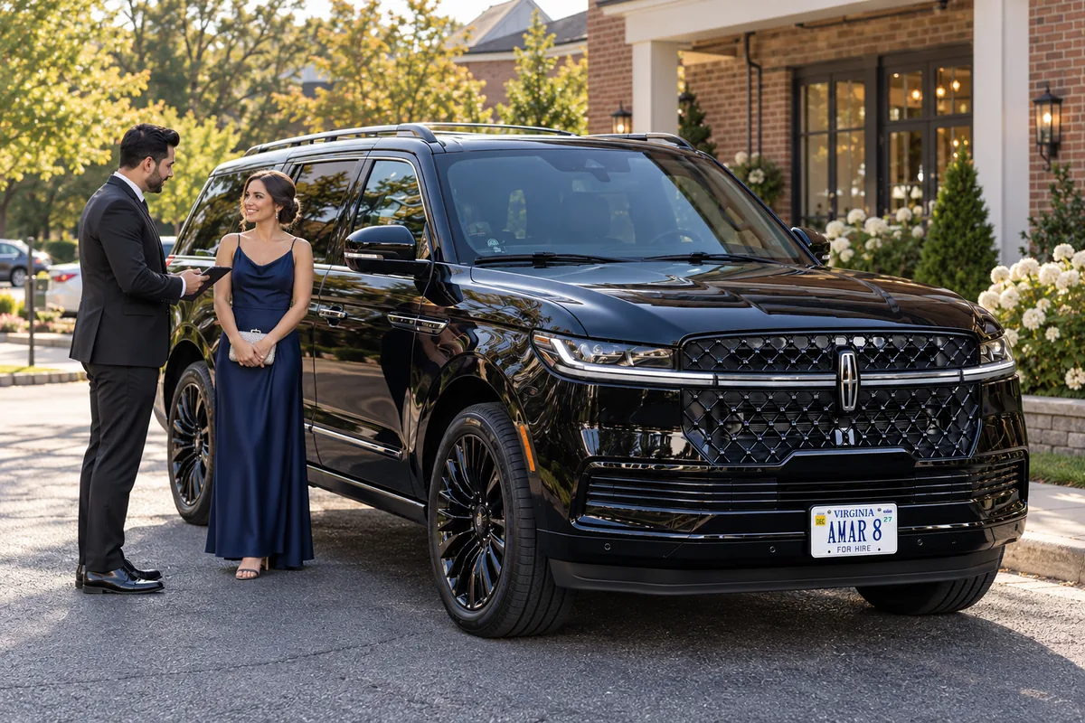Wedding guest and consistent chauffeur confirming pickup beside the client-reference Lincoln at a Virginia event venue