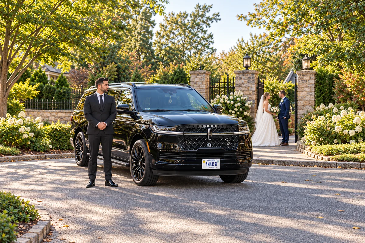 Client-reference Lincoln AMAR 8 and the consistent chauffeur ready at a quiet Virginia wedding garden entrance